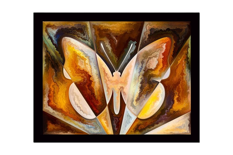 Inramad Canvastavla i trä - 41x56 cm - Färgglad fjäril med abstrakta former - Guld / Brun / Vit - Inredning - Tavlor & konst