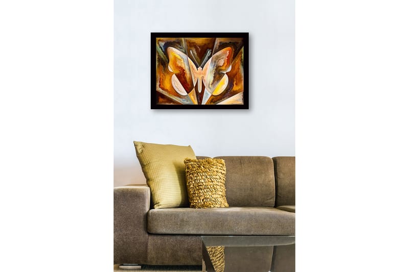 Inramad Canvastavla i trä - 41x56 cm - Färgglad fjäril med abstrakta former - Guld / Brun / Vit - Inredning - Tavlor & konst