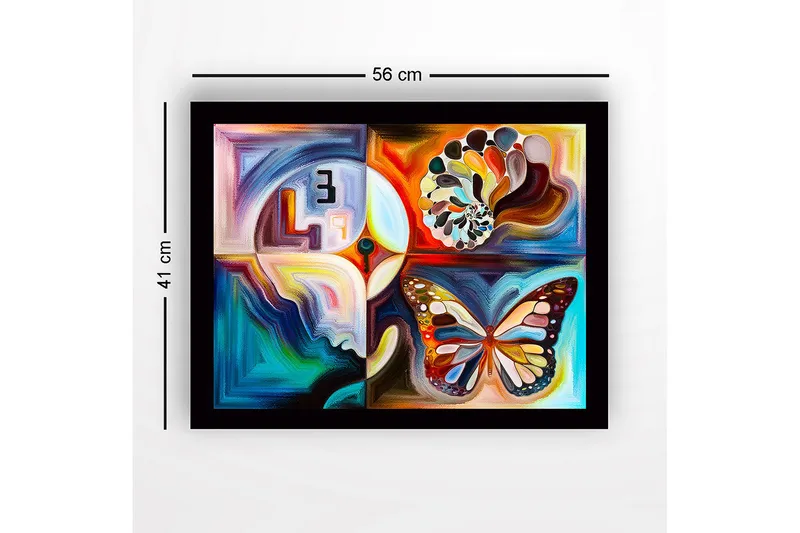 Inramad Canvastavla i trä - 41x56 cm - Färgglad fjäril med abstrakta former och mönster - Blå / Orange / Vit - Inredning - Tavlor & konst