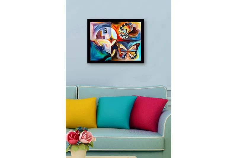 Inramad Canvastavla i trä - 41x56 cm - Färgglad fjäril med abstrakta former och mönster - Blå / Orange / Vit - Inredning - Tavlor & konst