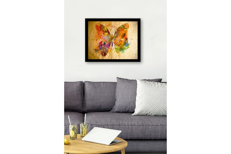 Inramad Canvastavla i trä - 41x56 cm - Färgglad fjäril med abstrakta mönster - Orange / Grön / Lila - Inredning - Tavlor & konst