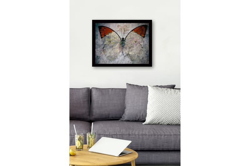 Inramad Canvastavla i trä - 41x56 cm - Färgglad fjäril med blommotiv - Orange / Ljusgrå / Grön - Inredning - Tavlor & konst
