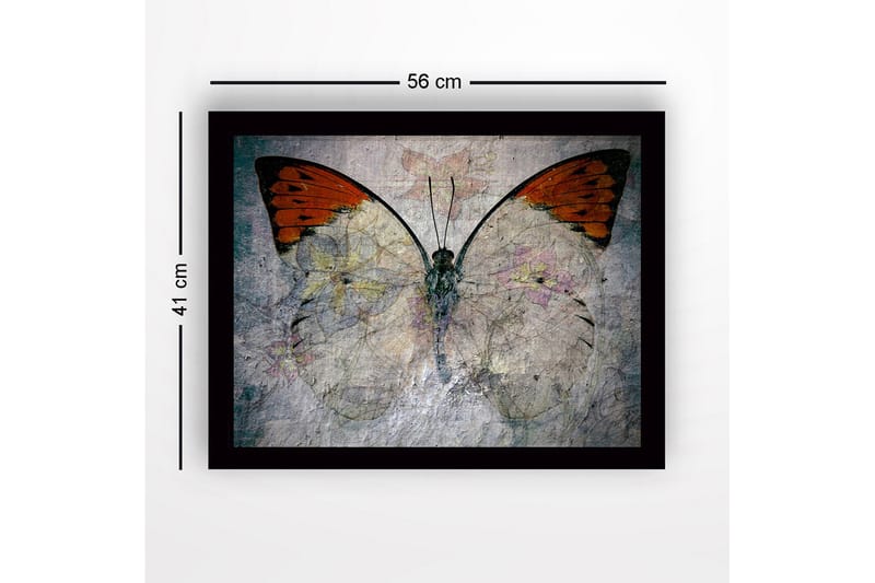 Inramad Canvastavla i trä - 41x56 cm - Färgglad fjäril med blommotiv - Orange / Ljusgrå / Grön - Inredning - Tavlor & konst