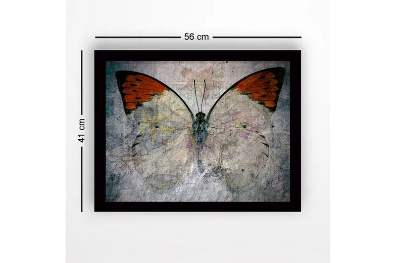 Inramad Canvastavla i trä - 41x56 cm - Färgglad fjäril med blommotiv - Orange / Ljusgrå / Grön - Inredning - Tavlor & konst