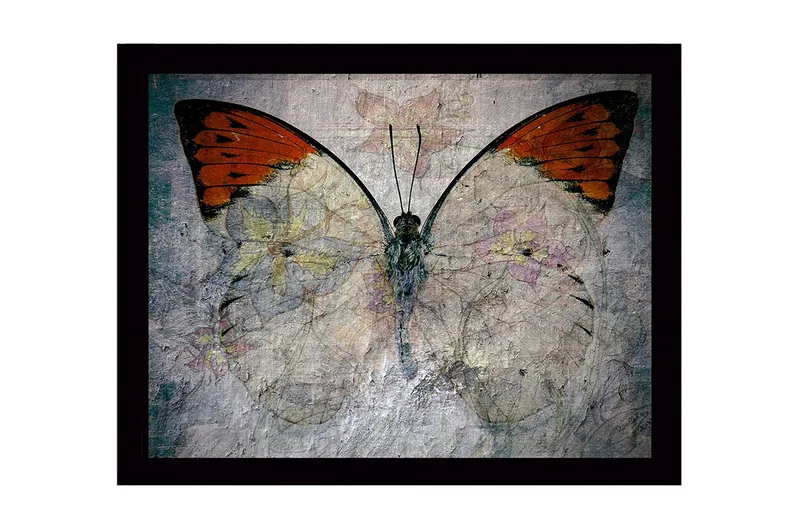 Inramad Canvastavla i trä - 41x56 cm - Färgglad fjäril med blommotiv, Orange / Ljusgrå / Grön