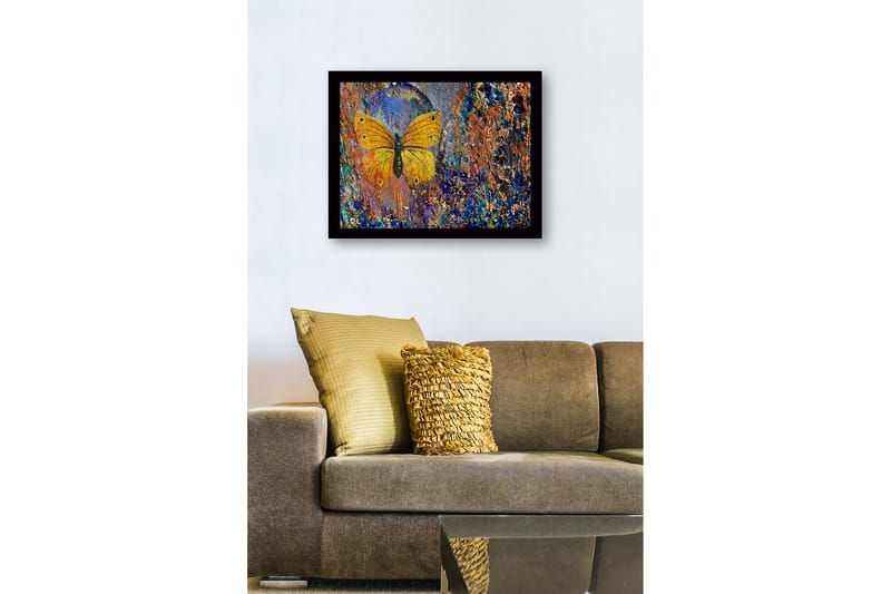 Inramad Canvastavla i trä - 41x56 cm - Färgglad fjäril med detaljerad textur i bakgrunden - Guld / Blå / Orange - Inredning - Tavlor & konst