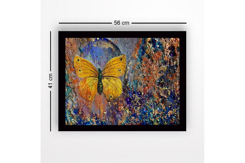 Inramad Canvastavla i trä - 41x56 cm - Färgglad fjäril med detaljerad textur i bakgrunden - Guld / Blå / Orange - Inredning - Tavlor & konst
