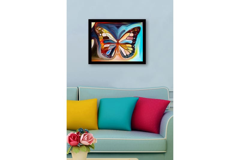 Inramad Canvastavla i trä - 41x56 cm - Färgglad fjäril med detaljerade mönster - Blå / Orange / Gul - Inredning - Tavlor & konst