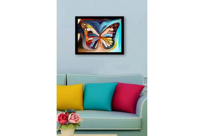 Inramad Canvastavla i trä - 41x56 cm - Färgglad fjäril med detaljerade mönster - Blå / Orange / Gul - Inredning - Tavlor & konst