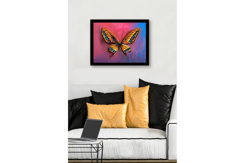 Inramad Canvastavla i trä - 41x56 cm - Färgglad fjäril med detaljerade vingar - Orange / Blå / Rosa - Inredning - Tavlor & konst