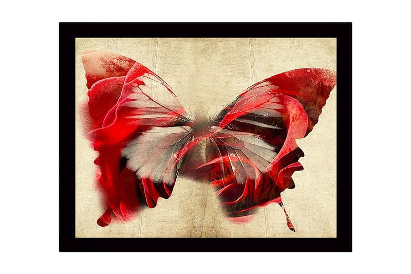 Inramad Canvastavla i trä - 41x56 cm - Färgglad fjäril med inslag av ansikten - Röd / Grå / Beige - Inredning - Tavlor & konst