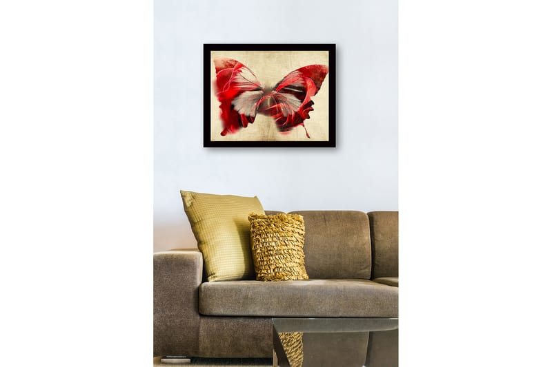 Inramad Canvastavla i trä - 41x56 cm - Färgglad fjäril med inslag av ansikten - Röd / Grå / Beige - Inredning - Tavlor & konst