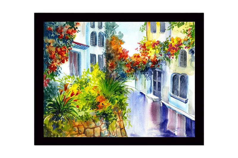 Inramad Canvastavla i trä - 41x56 cm - Färgglad gata med blommande växter och husfasader - Grön / Röd / Gul - Inredning - Tavlor & konst