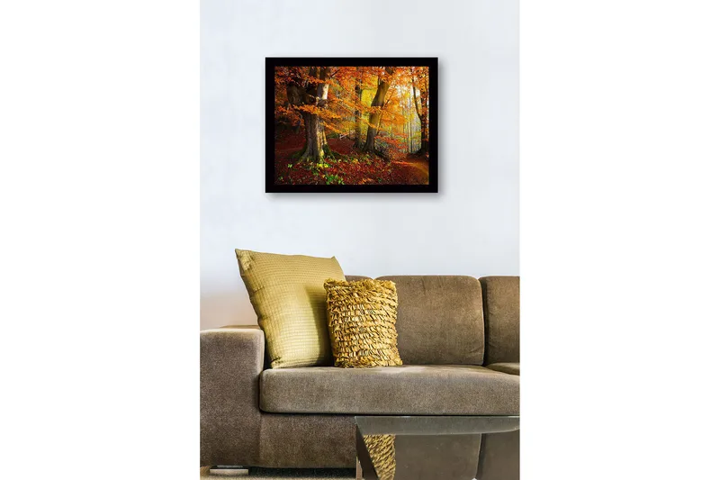 Inramad Canvastavla i trä - 41x56 cm - Färgglad höstskog med gyllene och orange lövverk - Orange / Gult / Grönt - Inredning - Tavlor & konst