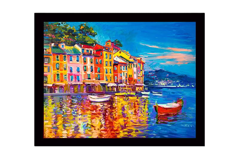 Inramad Canvastavla i trä - 41x56 cm - Färgglad hamn med pastellfärgade byggnader och båtar - Blå / Orange / Gul - Inredning - Tavlor & konst