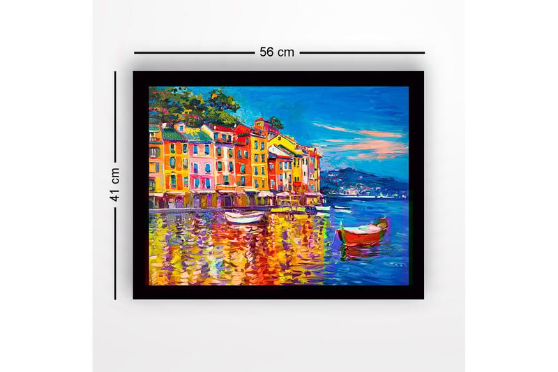 Inramad Canvastavla i trä - 41x56 cm - Färgglad hamn med pastellfärgade byggnader och båtar - Blå / Orange / Gul - Inredning - Tavlor & konst