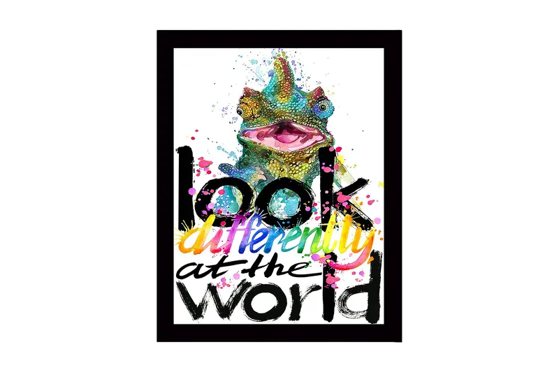 Inramad Canvastavla i trä - 41x56 cm - Färgglad kameleont med inspirerande text, Grön / Rosa / Gul