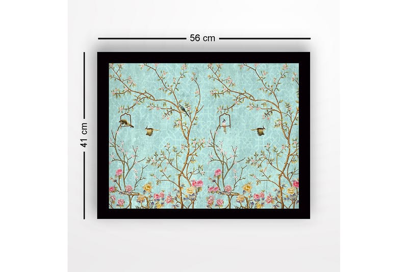 Inramad Canvastavla i trä - 41x56 cm - Färgglad komposition med fåglar och blommor i en grönskande miljö - Blå / Rosa / Grön - Inredning - Tavlor & konst