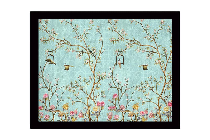 Inramad Canvastavla i trä - 41x56 cm - Färgglad komposition med fåglar och blommor i en grönskande miljö - Blå / Rosa / Grön - Inredning - Tavlor & konst