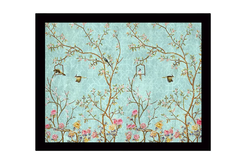 Inramad Canvastavla i trä - 41x56 cm - Färgglad komposition med fåglar och blommor i en grönskande miljö - Blå / Rosa / Grön - Inredning - Tavlor & konst