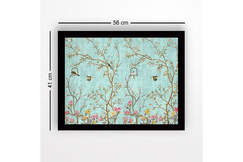 Inramad Canvastavla i trä - 41x56 cm - Färgglad komposition med fåglar och blommor i en grönskande miljö - Blå / Rosa / Grön - Inredning - Tavlor & konst