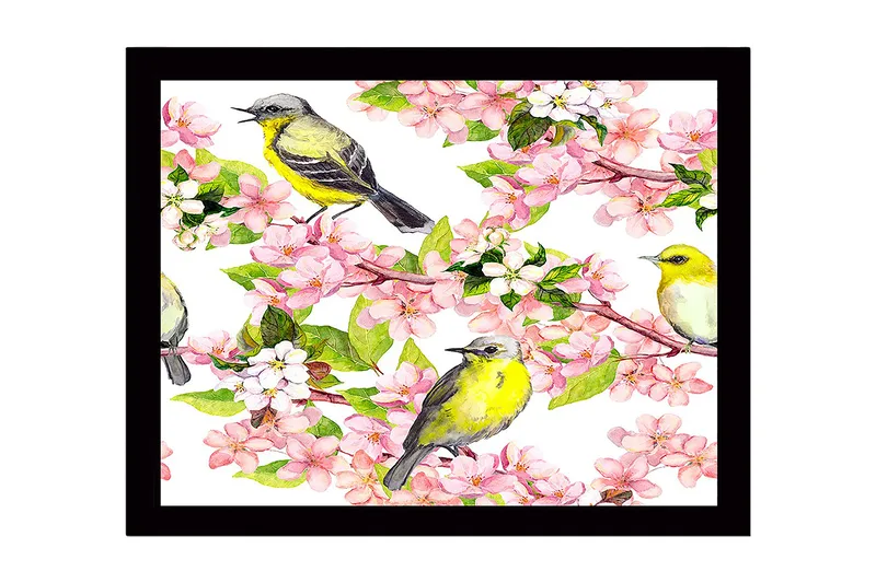 Inramad Canvastavla i trä - 41x56 cm - Färgglad komposition med fåglar och blommor - Rosa / Gul / Grön - Inredning - Tavlor & konst