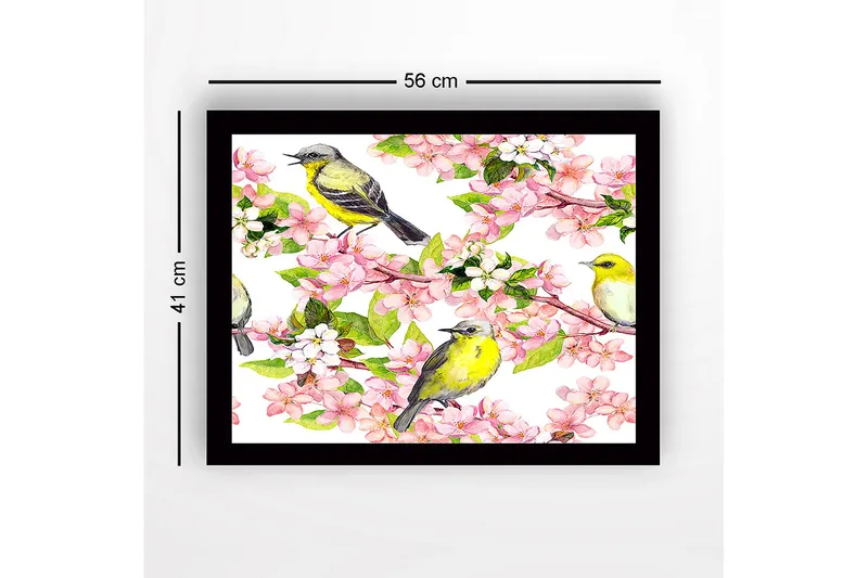 Inramad Canvastavla i trä - 41x56 cm - Färgglad komposition med fåglar och blommor - Rosa / Gul / Grön - Inredning - Tavlor & konst