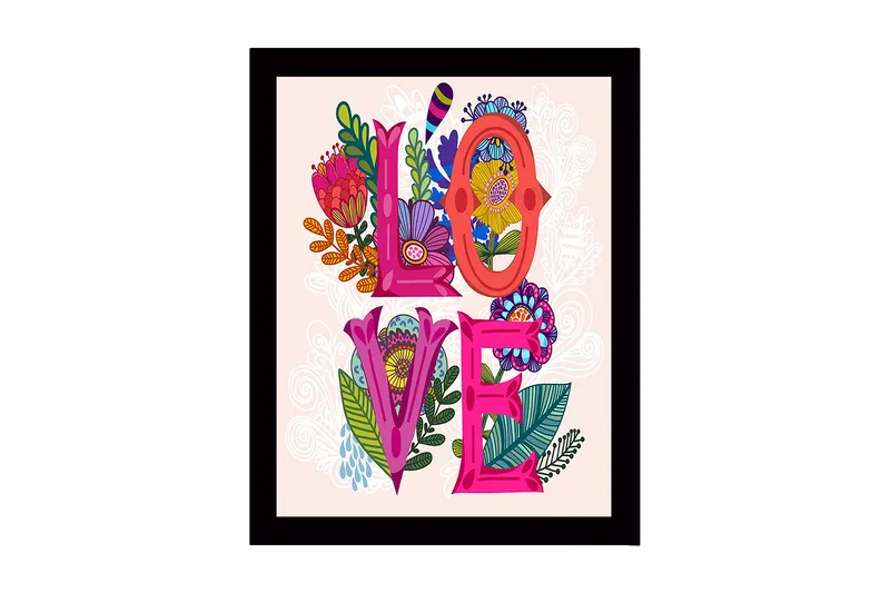 Inramad Canvastavla i trä - 41x56 cm - Färgglad komposition med ordet LOVE omgiven av blommor och bladverk - Rosa / Grön / Orange - Inredning - Tavlor & konst