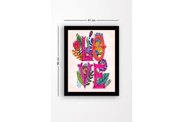 Inramad Canvastavla i trä - 41x56 cm - Färgglad komposition med ordet LOVE omgiven av blommor och bladverk - Rosa / Grön / Orange - Inredning - Tavlor & konst
