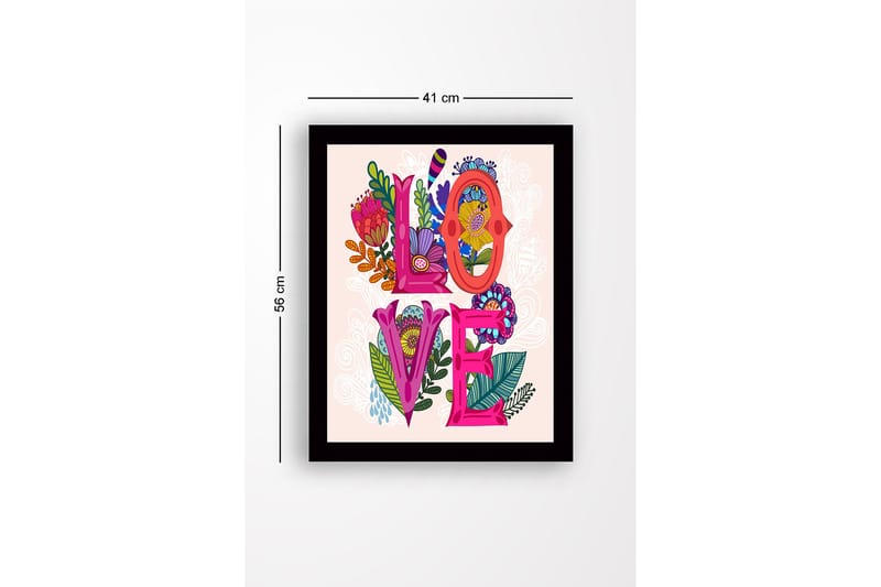 Inramad Canvastavla i trä - 41x56 cm - Färgglad komposition med ordet LOVE omgiven av blommor och bladverk - Rosa / Grön / Orange - Inredning - Tavlor & konst