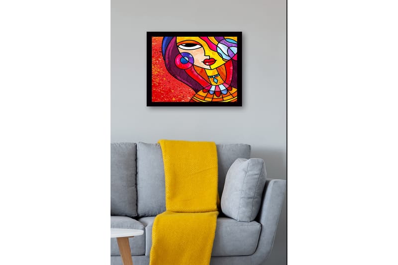 Inramad Canvastavla i trä - 41x56 cm - Färgglad kvinna med stiliserat ansikte och smycken - Röd / Gul / Lila - Inredning - Tavlor & konst
