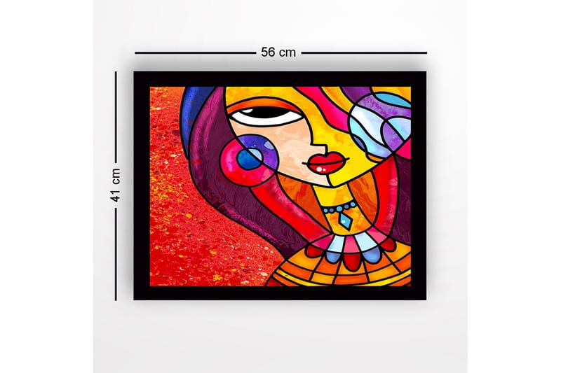Inramad Canvastavla i trä - 41x56 cm - Färgglad kvinna med stiliserat ansikte och smycken - Röd / Gul / Lila - Inredning - Tavlor & konst
