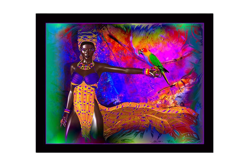 Inramad Canvastavla i trä - 41x56 cm - Färgglad kvinna med papegoja i en livfull miljö - Lila / Gul / Grön - Inredning - Tavlor & konst