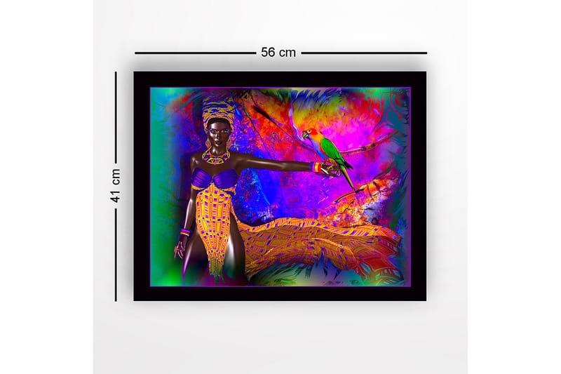 Inramad Canvastavla i trä - 41x56 cm - Färgglad kvinna med papegoja i en livfull miljö - Lila / Gul / Grön - Inredning - Tavlor & konst
