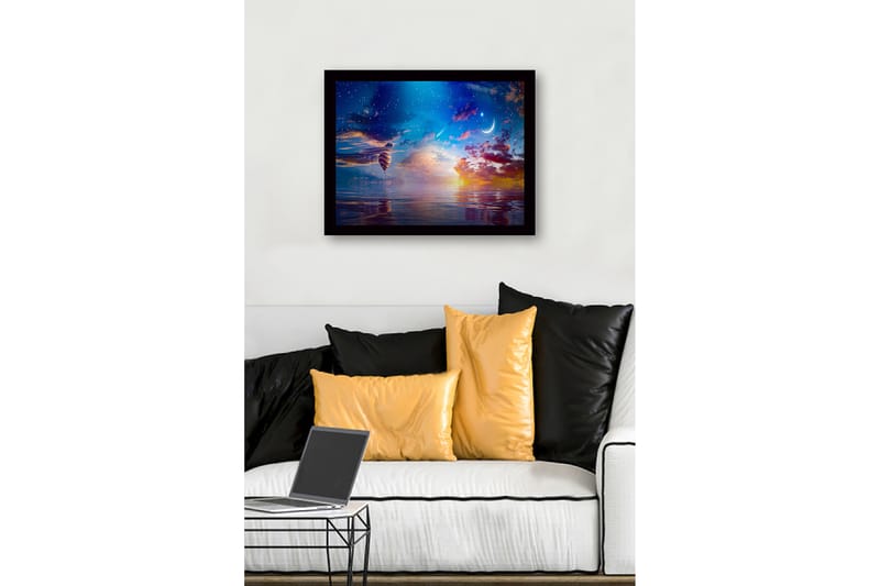 Inramad Canvastavla i trä - 41x56 cm - Färgglad luftballong sväva över en spegelblanka sjö vid solnedgången - Blå / Orange / Lila - Inredning - Tavlor & konst