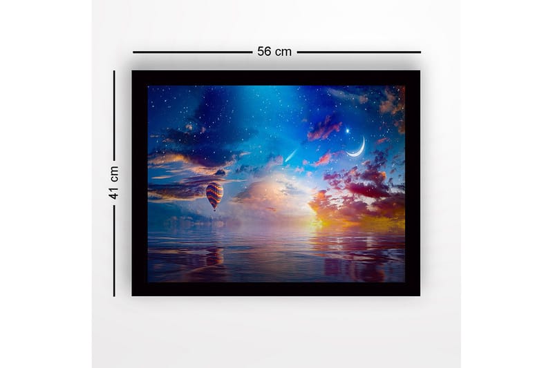 Inramad Canvastavla i trä - 41x56 cm - Färgglad luftballong sväva över en spegelblanka sjö vid solnedgången - Blå / Orange / Lila - Inredning - Tavlor & konst