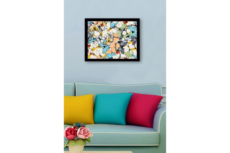 Inramad Canvastavla i trä - 41x56 cm - Färgglad samling av fjärilar - Blå / Vit / Orange - Inredning - Tavlor & konst