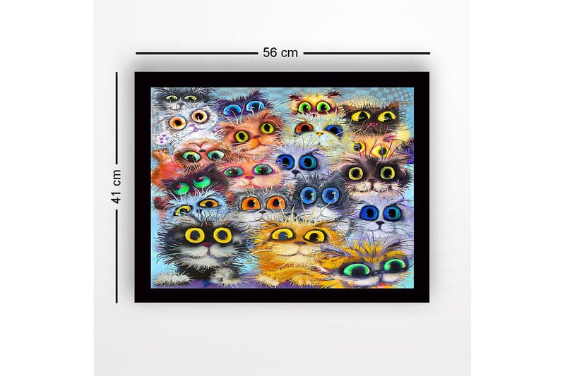 Inramad Canvastavla i trä - 41x56 cm - Färgglad samling av kattansikten med stora ögon - Orange / Svart / Blå - Inredning - Tavlor & konst