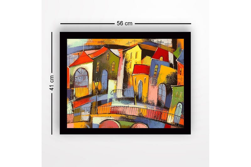 Inramad Canvastavla i trä - 41x56 cm - Färgglad stadsbild med snedställda hus och broar - Röd / Grön / Gul - Inredning - Tavlor & konst