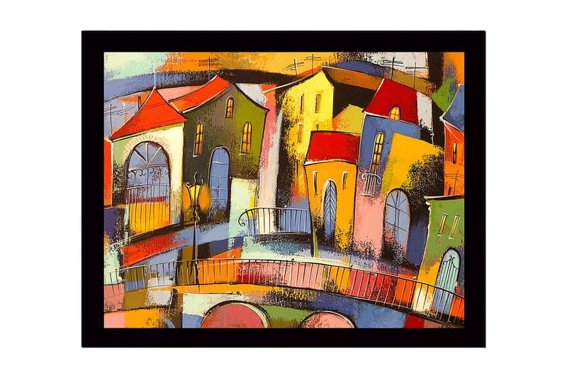 Inramad Canvastavla i trä - 41x56 cm - Färgglad stadsbild med snedställda hus och broar - Röd / Grön / Gul - Inredning - Tavlor & konst