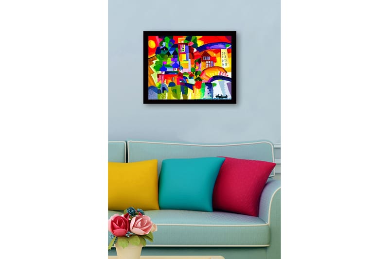 Inramad Canvastavla i trä - 41x56 cm - Färgglad stadssilhuett med kupoler och byggnader - Röd / Grön / Blå - Inredning - Tavlor & konst