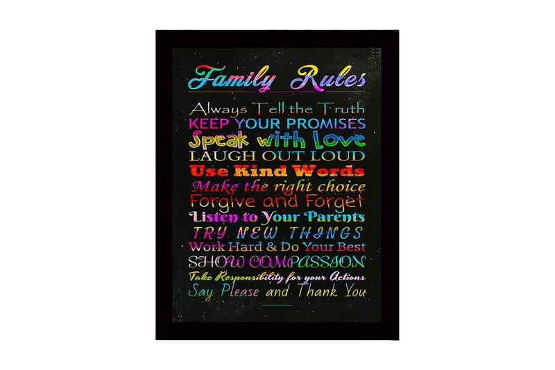 Inramad Canvastavla i trä - 41x56 cm - Färgglad tavla med familjeregler i olika typsnitt, Röd / Blå / Grön
