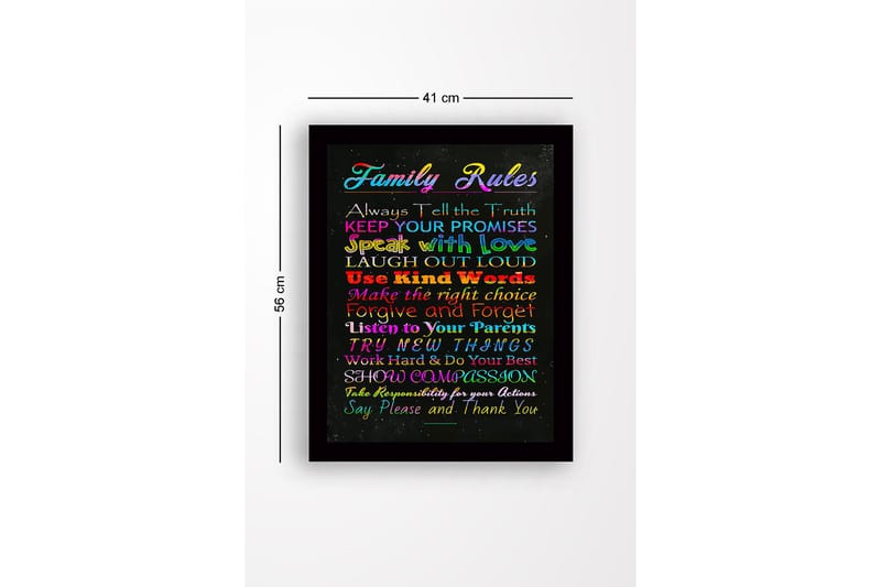 Inramad Canvastavla i trä - 41x56 cm - Färgglad tavla med familjeregler i olika typsnitt - Röd / Blå / Grön - Inredning - Tavlor & konst