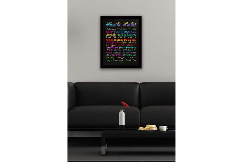 Inramad Canvastavla i trä - 41x56 cm - Färgglad tavla med familjeregler i olika typsnitt - Röd / Blå / Grön - Inredning - Tavlor & konst