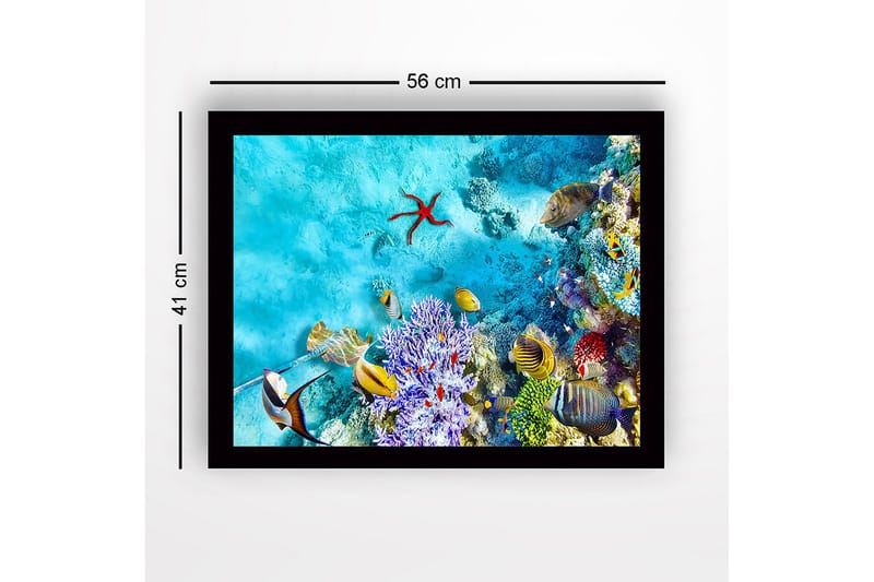 Inramad Canvastavla i trä - 41x56 cm - Färgglad undervattensscen med korallrev och fiskar - Turkos / Lila / Röd - Inredning - Tavlor & konst