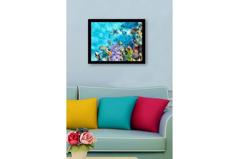 Inramad Canvastavla i trä - 41x56 cm - Färgglad undervattensscen med korallrev och fiskar - Turkos / Lila / Röd - Inredning - Tavlor & konst