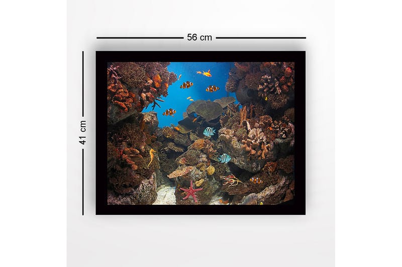 Inramad Canvastavla i trä - 41x56 cm - Färgglad undervattensscen med korallrev och simmande fiskar - Blå / Orange / Grön - Inredning - Tavlor & konst