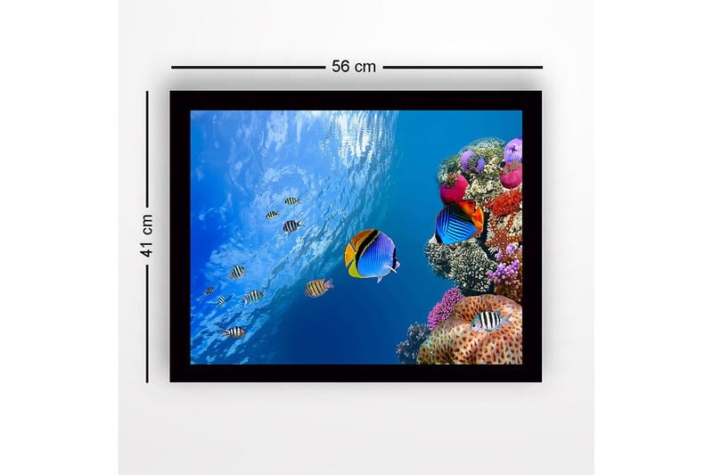 Inramad Canvastavla i trä - 41x56 cm - Färgglad undervattensscen med korallrev och simmande fiskar - Blå / Orange / Rosa - Inredning - Tavlor & konst
