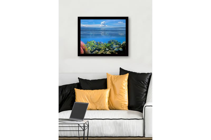 Inramad Canvastavla i trä - 41x56 cm - Färgglad undervattensscen med simmande fiskar och korallrev - Blå / Grön / Gul - Inredning - Tavlor & konst