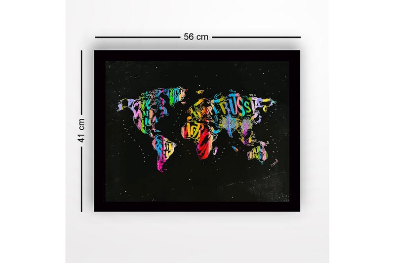 Inramad Canvastavla i trä - 41x56 cm - Färgglad världskarta skapad av bokstäver och text - Lila / Grön / Röd - Inredning - Tavlor & konst